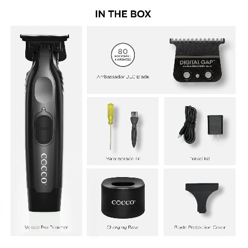 Cocco Veloce Pro Cordless Trimmer – Matte Black | Digital Gap Ambassador DLC Blade + Charging Stand | Professional Grooming Tool | JCAVES USA