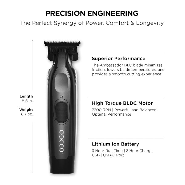 Cocco Veloce Pro Cordless Trimmer – Matte Black | Digital Gap Ambassador DLC Blade + Charging Stand | Professional Grooming Tool | JCAVES USA