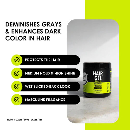 Rolda - Black Hair Styling Gel | Covers Gray Hair, Medium-Strong Hold, Medium Shine, Wet Look, Alcohol-free, Paraben-free, Flake-free