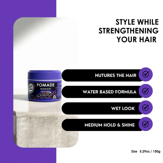 Rolda - Midnight Hair Pomade | Water Based Formula, Medium Hold, Medium Shine, Washes Out Easily, All Day Hold, Flake-free