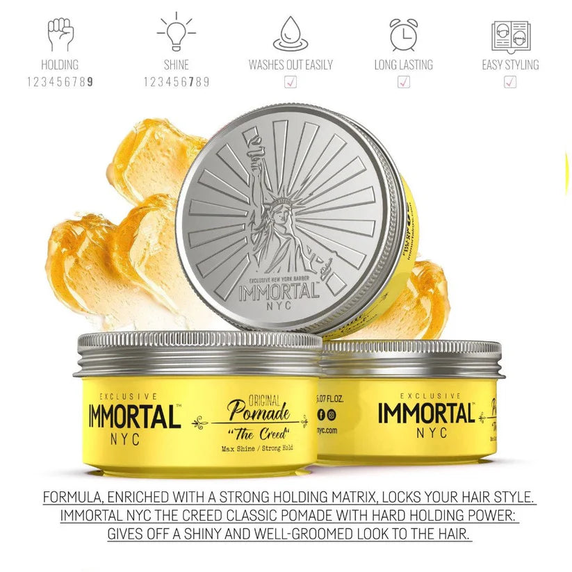 Immortal NYC Original Pomade "The Creed" | Strong Hold & Shiny Finish Hair Styling | JCAVES USA