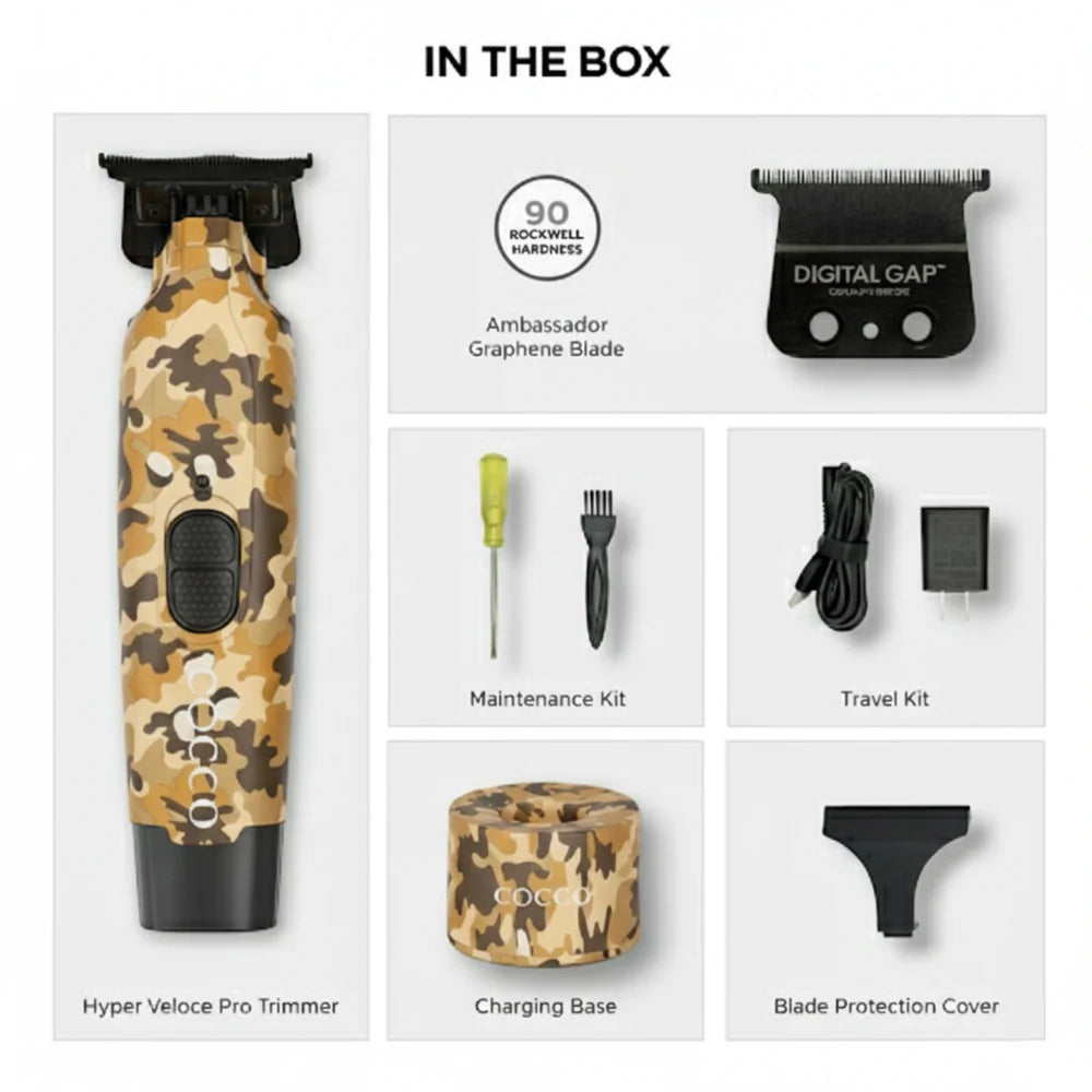 Cocco Hyper Veloce Pro Cordless Trimmer – Limited Edition Camo | Graphene Digital Gap Blade + Charging Stand | JCAVES USA
