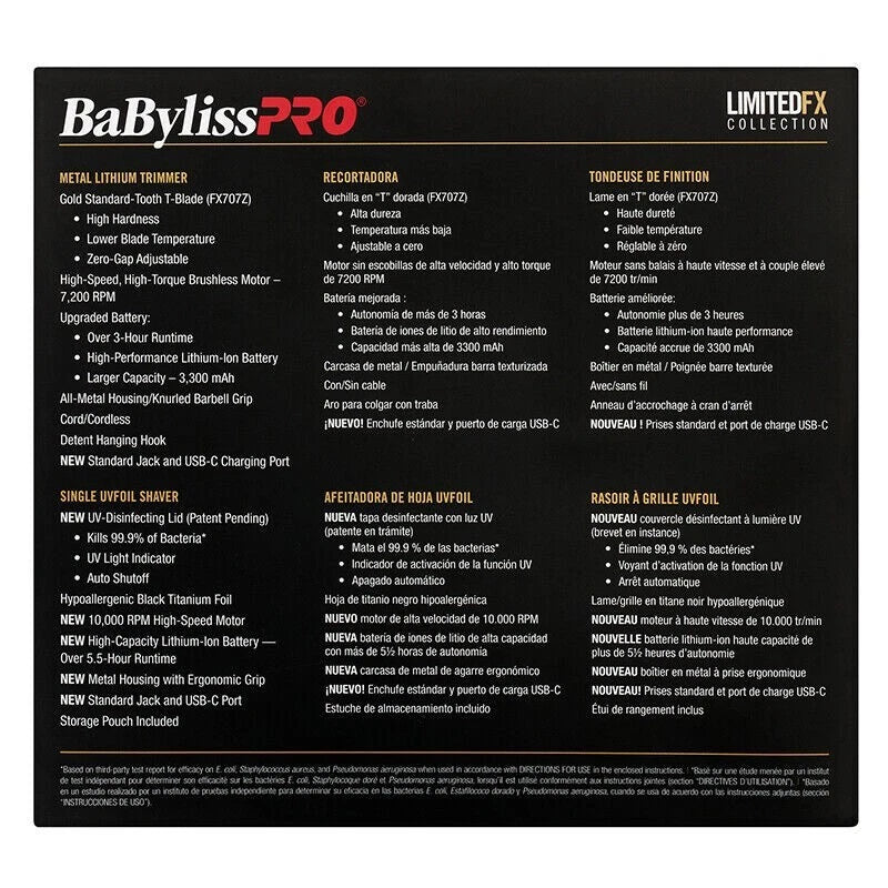 BaByliss Pro Limited Edition Metal Lithium Trimmer & UVFOIL Shaver – FXLFHOLPKG, Professional Cordless Grooming Kit | JCAVES USA